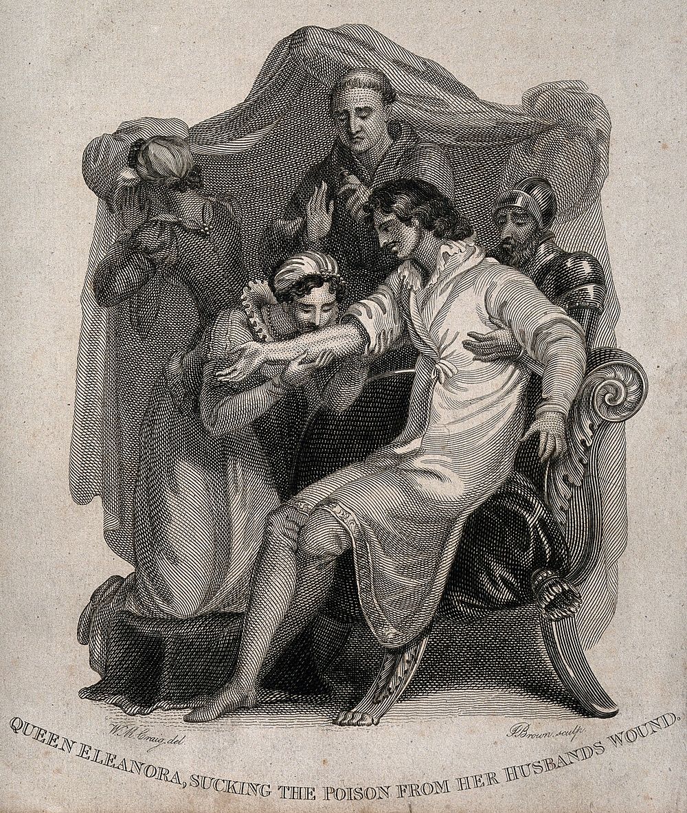 Queen Eleanor sucking the poison from King Edward I's arm. Line engraving by Brown after W.M. Craig.