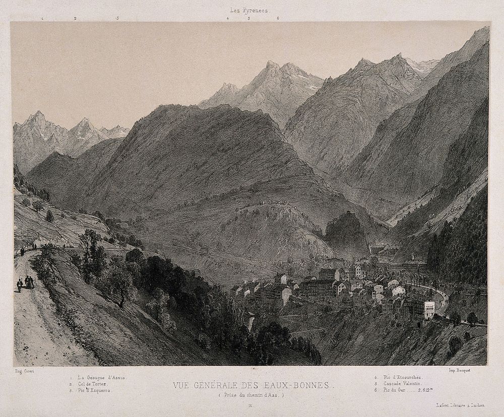 Les Eaux-Bonnes, Basses Pyrénées: view from above. Lithograph by E. Ciceri, 1858.