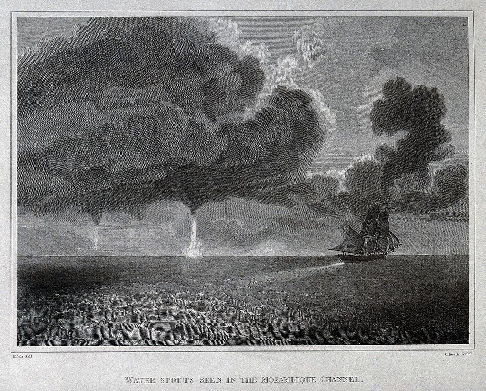Geography: water spouts at sea. Engraving by C. Heath after H. Salt.