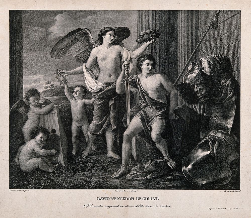 David with the head of Goliath, accompanied by an angel and cherubs. Lithograph by G. Sensi after N. Poussin.