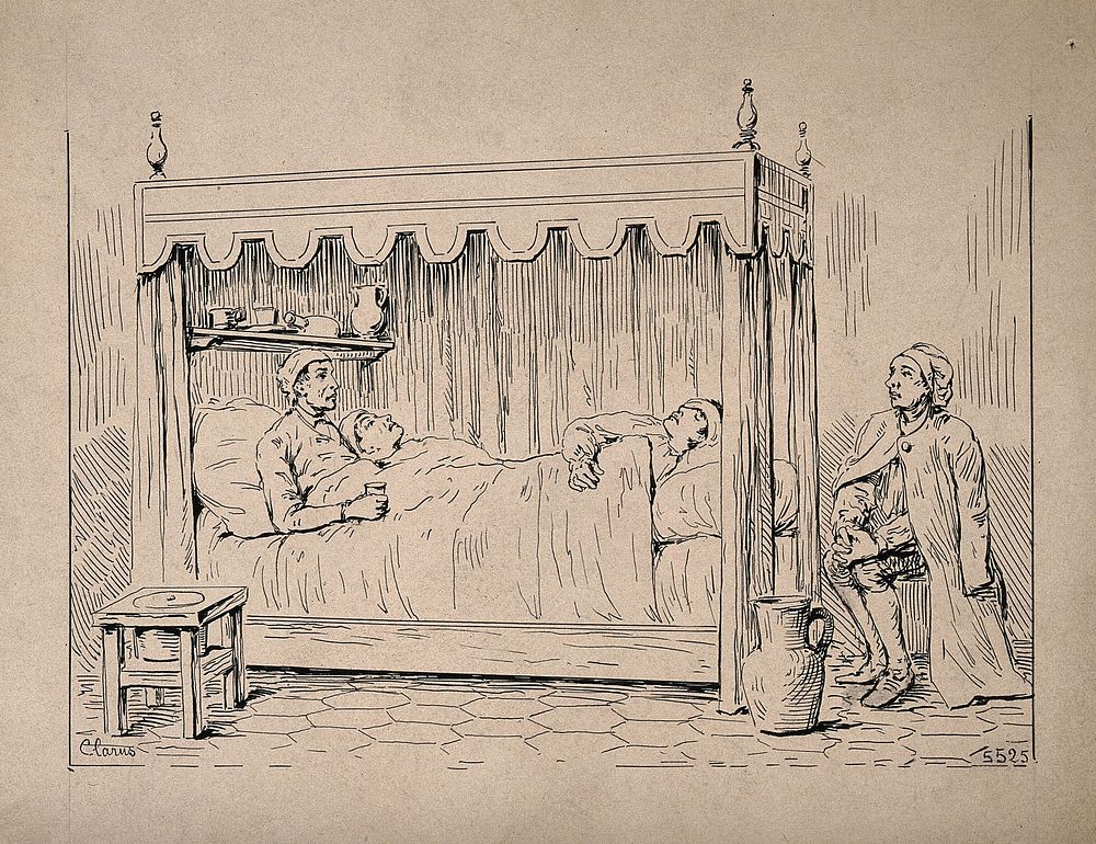Three sick soldiers sharing a bed while another watches over them. Pen and ink drawing by Clarus.