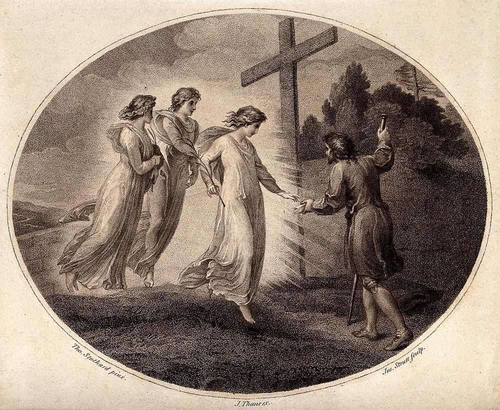 Three angels appear to Christian. Engraving by Joseph Strutt after Thomas Stothard.
