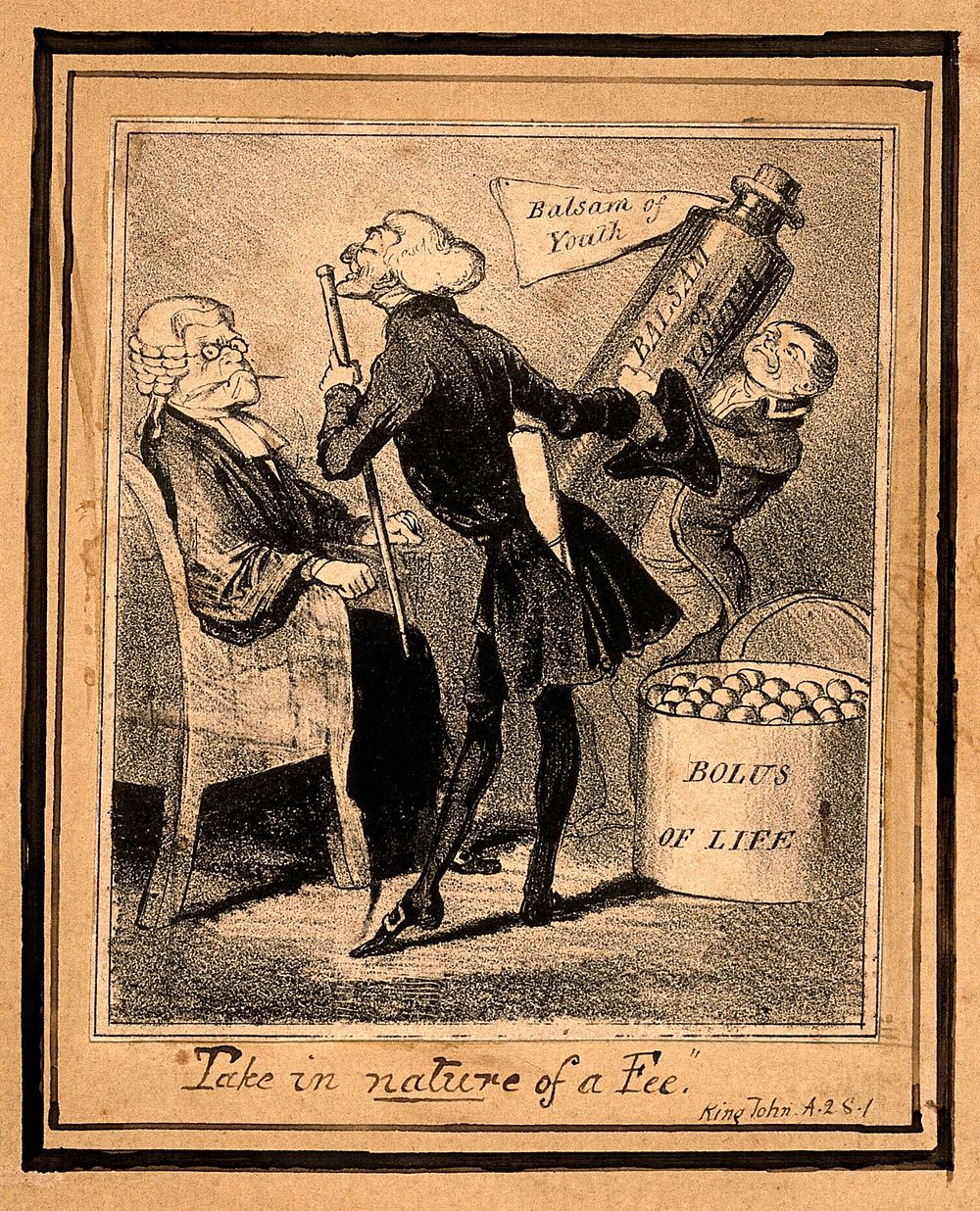 A doctor trying to sell youthfulness potions to an elderly lawyer. Lithograph.