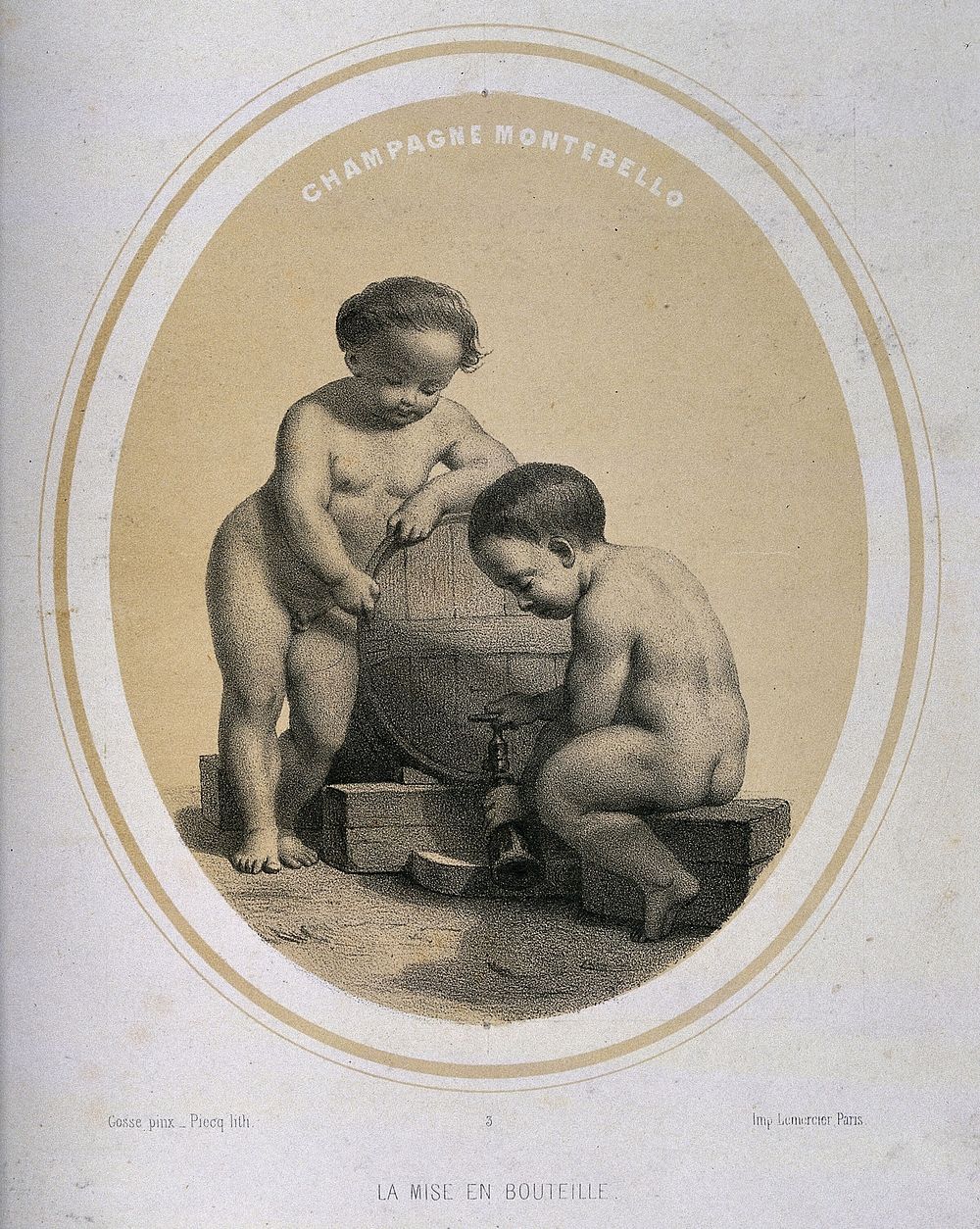 Two naked children bottling champagne. Lithograph by Piecq, c. 1845, after Gosse.