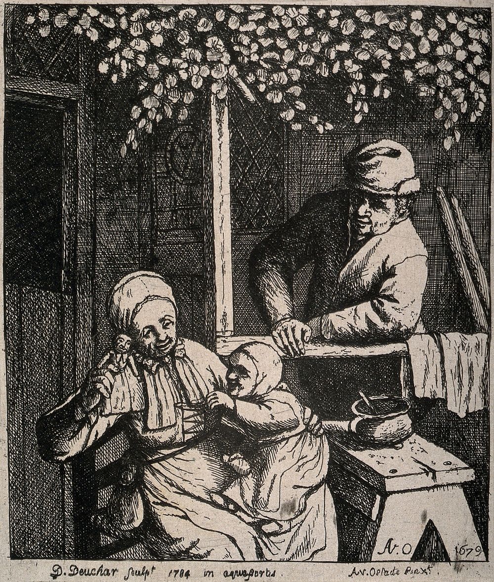 A woman playing outside with her child, her husband in the background, watching them. Etching by D. Deuchar, 1784, after A.…