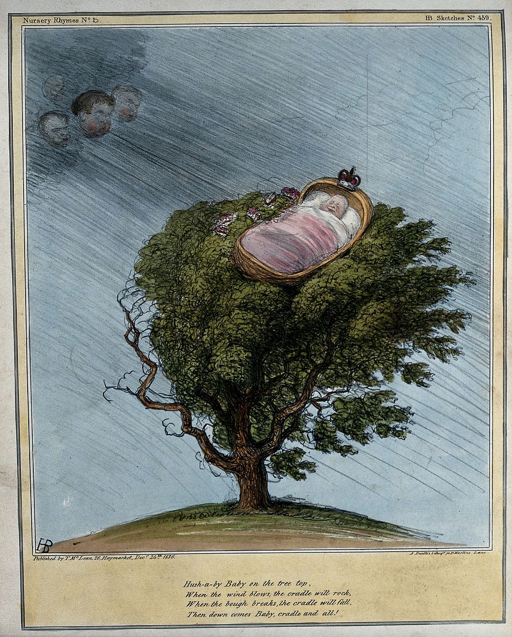 Precariously perched on the top of a tree, William IV is sleeping in a cradle, the faces of Lord John Russell, Daniel…
