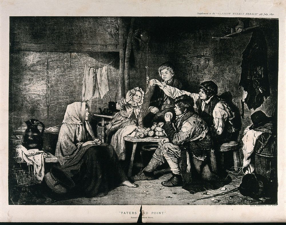 Children play a game with potatoes and a rag hanging from the beam. Process print after Erskine Nicol.