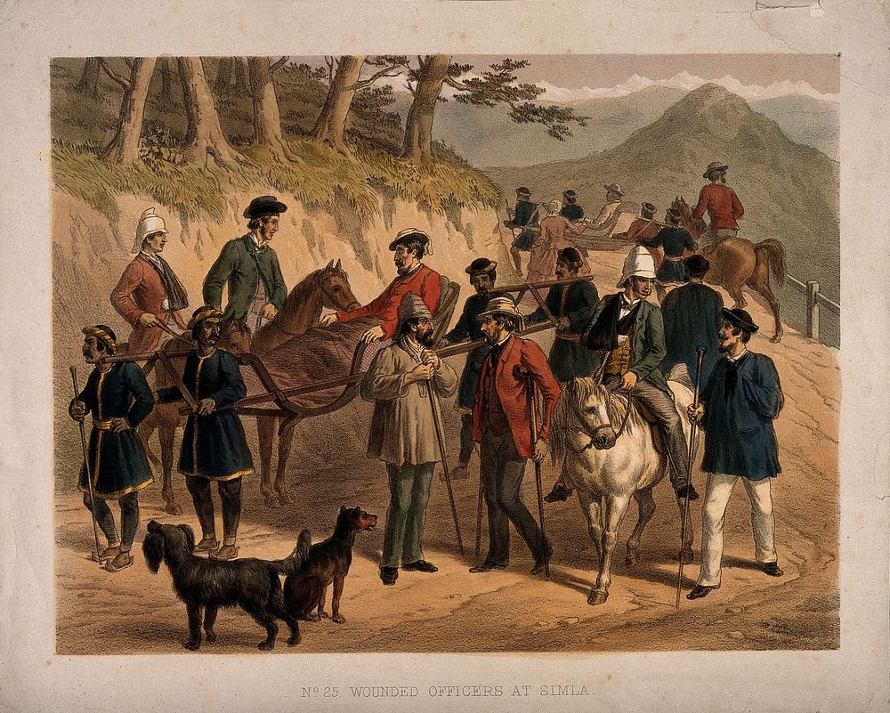 Wounded officers being carried on stretchers, Simla, Himachal Pradesh, India. Coloured lithograph.