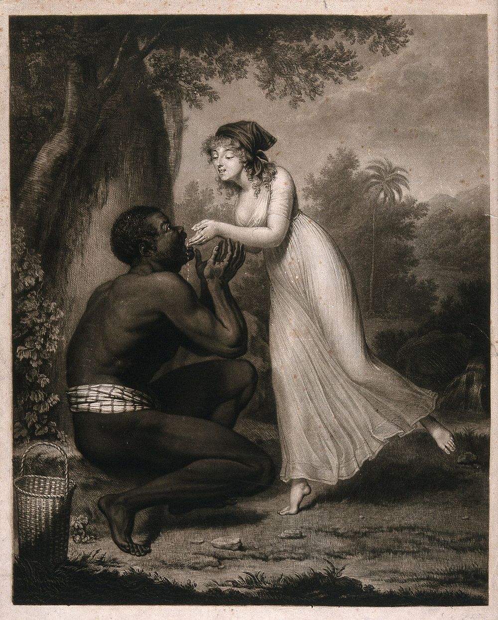 Louise Chevalier in the role of Virginie is feeding water from her hands into the mouth of a black man in a loin-cloth.…