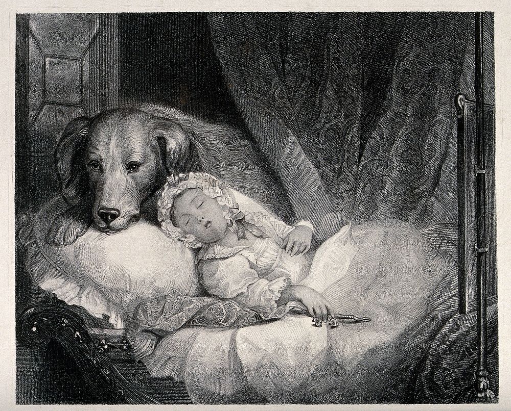 A young child is asleep guarded by a large dog. Engraving.