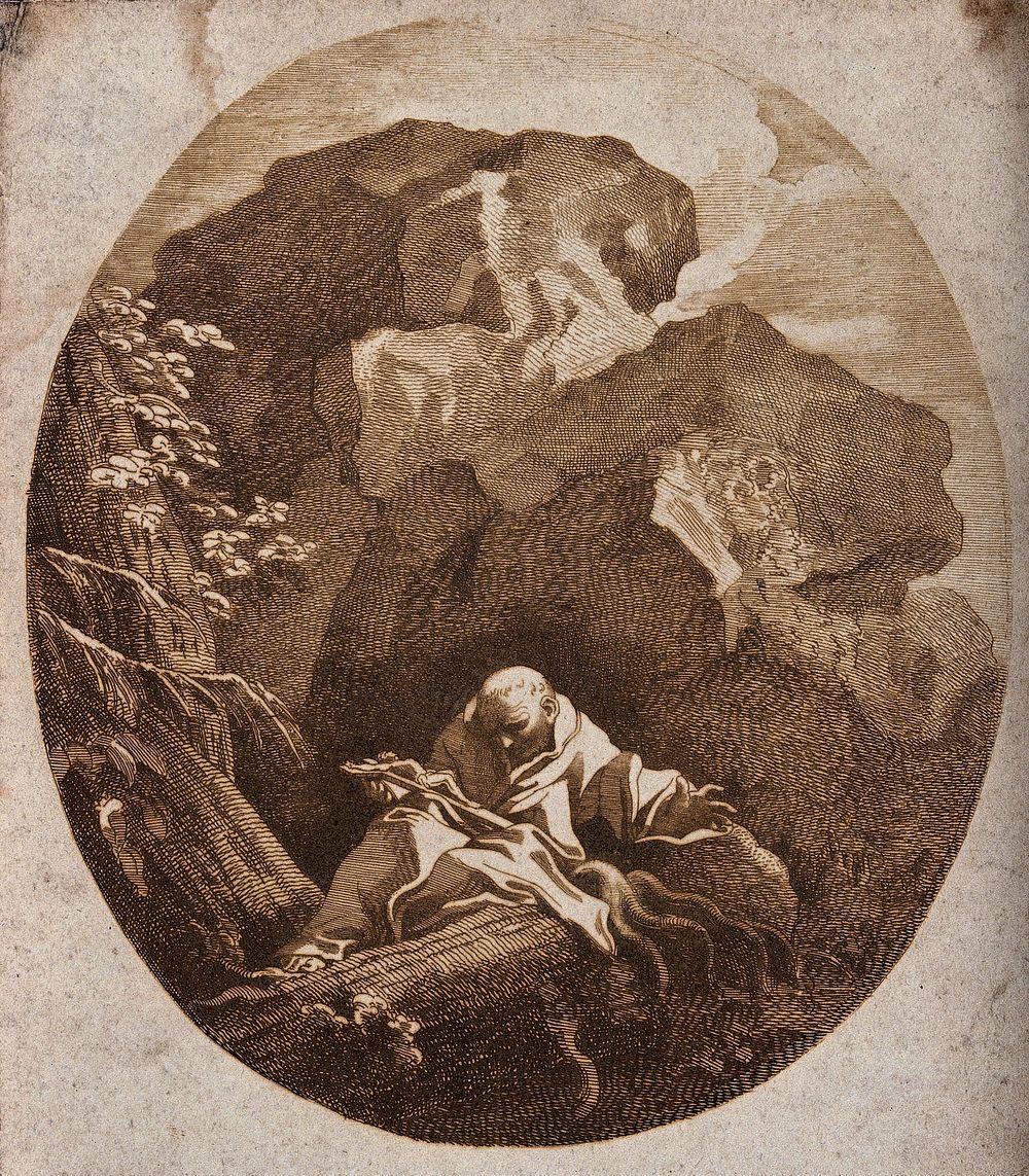 Saint Francis of Assisi in a rocky wilderness, kneeling, contemplating a crucifix. Etching, 1730/1790.