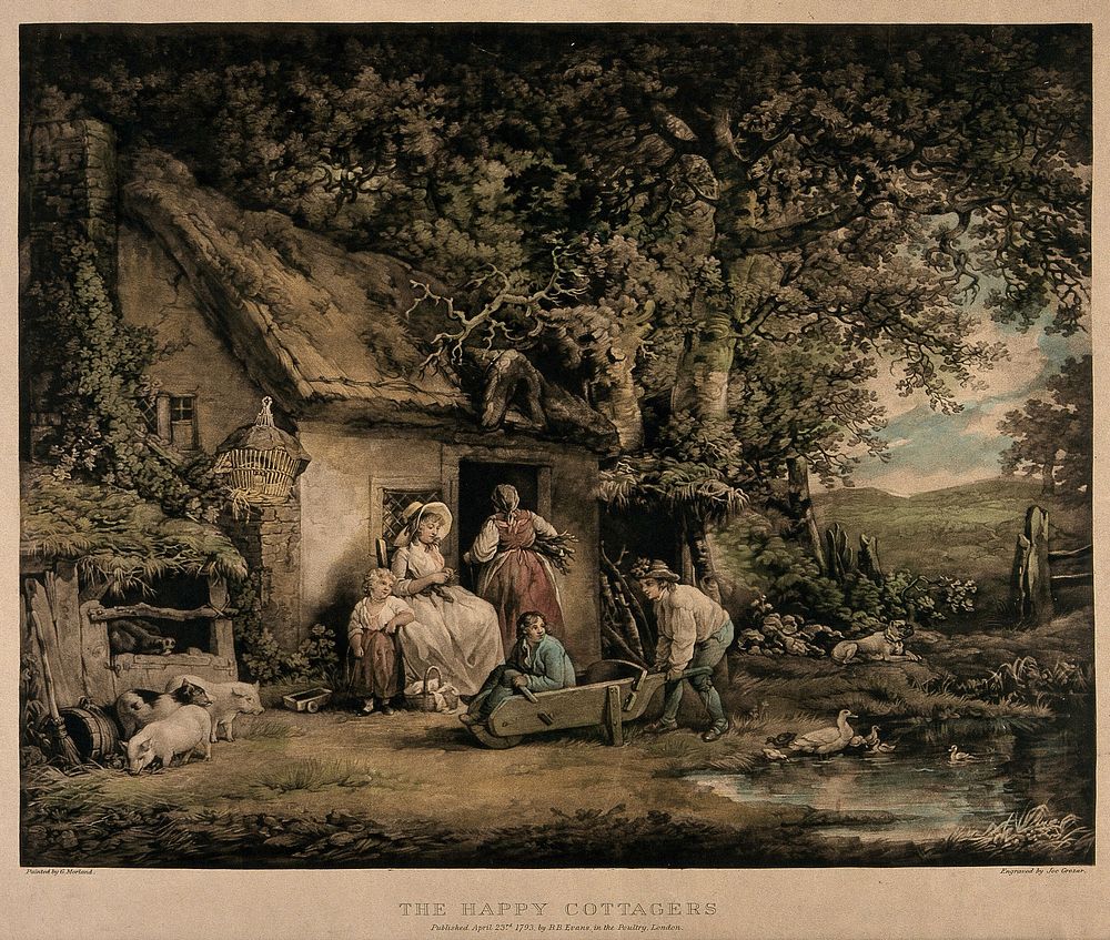 A group of people are sitting outside a cottage with children playing and a litter of pigs nearby. Coloured mezzotint by Joe…