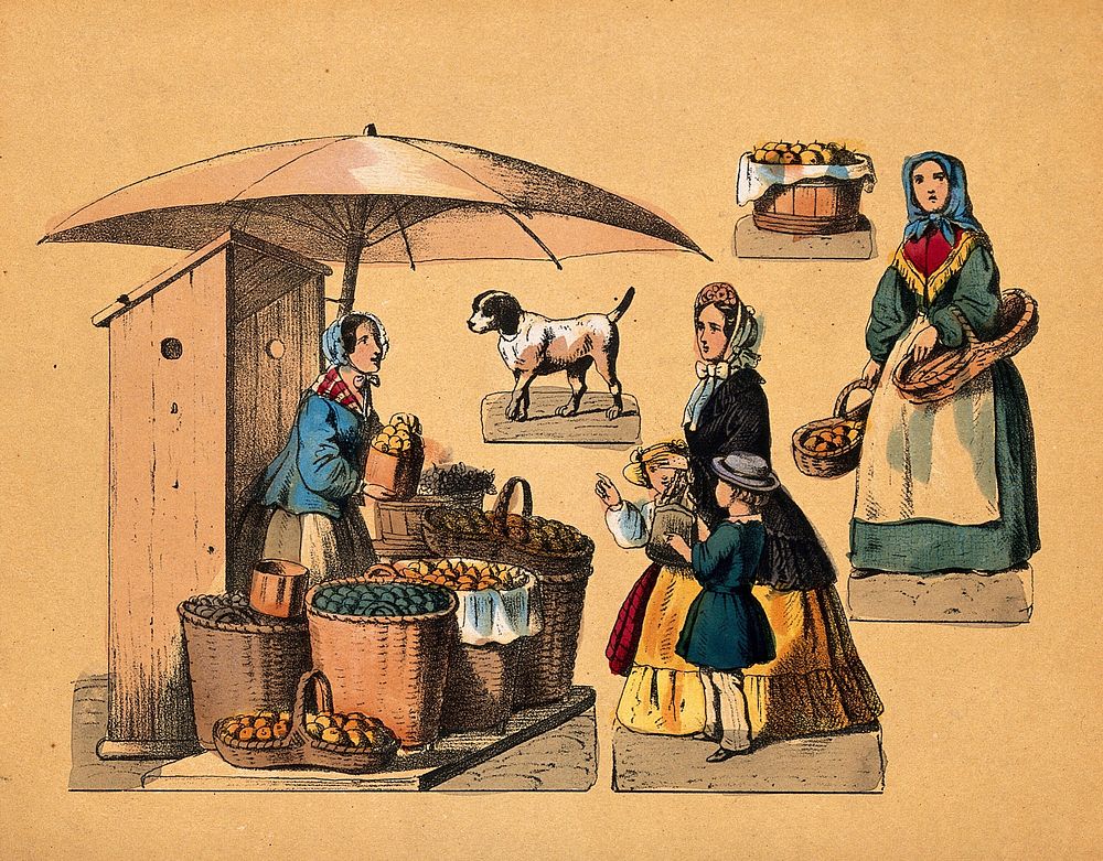 A woman is selling fruit from her market stall, set up under a large umbrella, to a woman who has two small children with…
