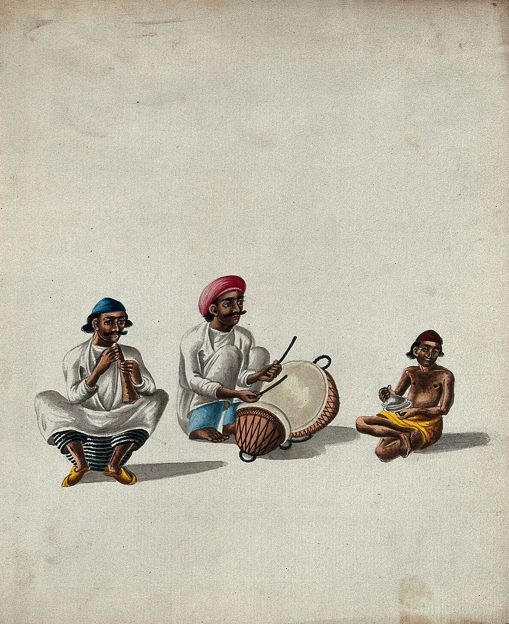 Three musicians sitting with their instruments. Gouache painting by an Indian artist.