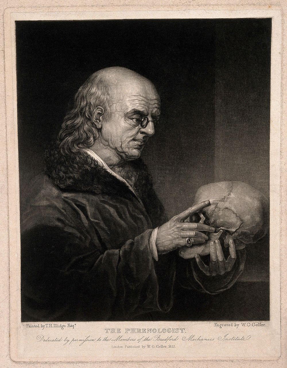 A bald phrenologist with a large forehead examining a skull, in a 'vanitas' pose. Mezzotint by W.O. Geller, 1833, after T.H.…