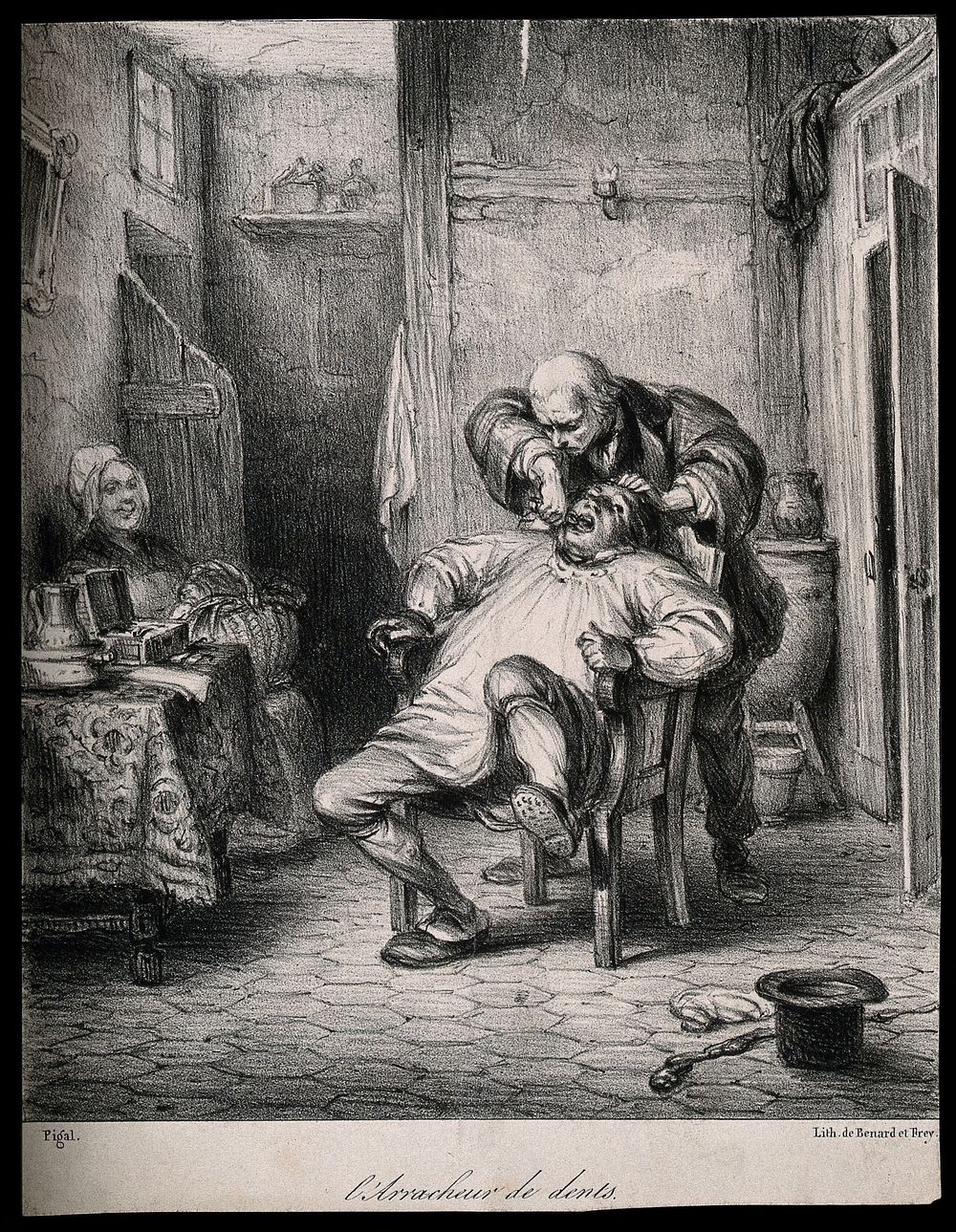 A rural tooth-drawer in his surgery extracting a tooth from a patient. Lithograph by E. Pigal.