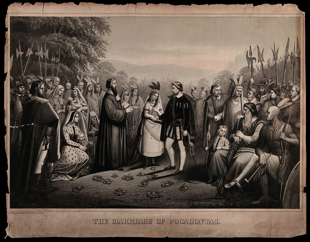 The marriage of Pocohontas to John Rolfe: the couple are shown being married in the open air by a Western priest, surrounded…