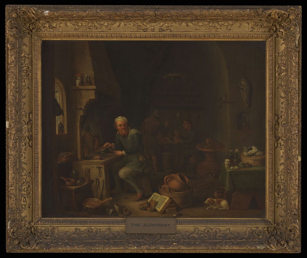 An alchemist seated at a furnace, turning away in thought. Oil painting by or after David Teniers II .