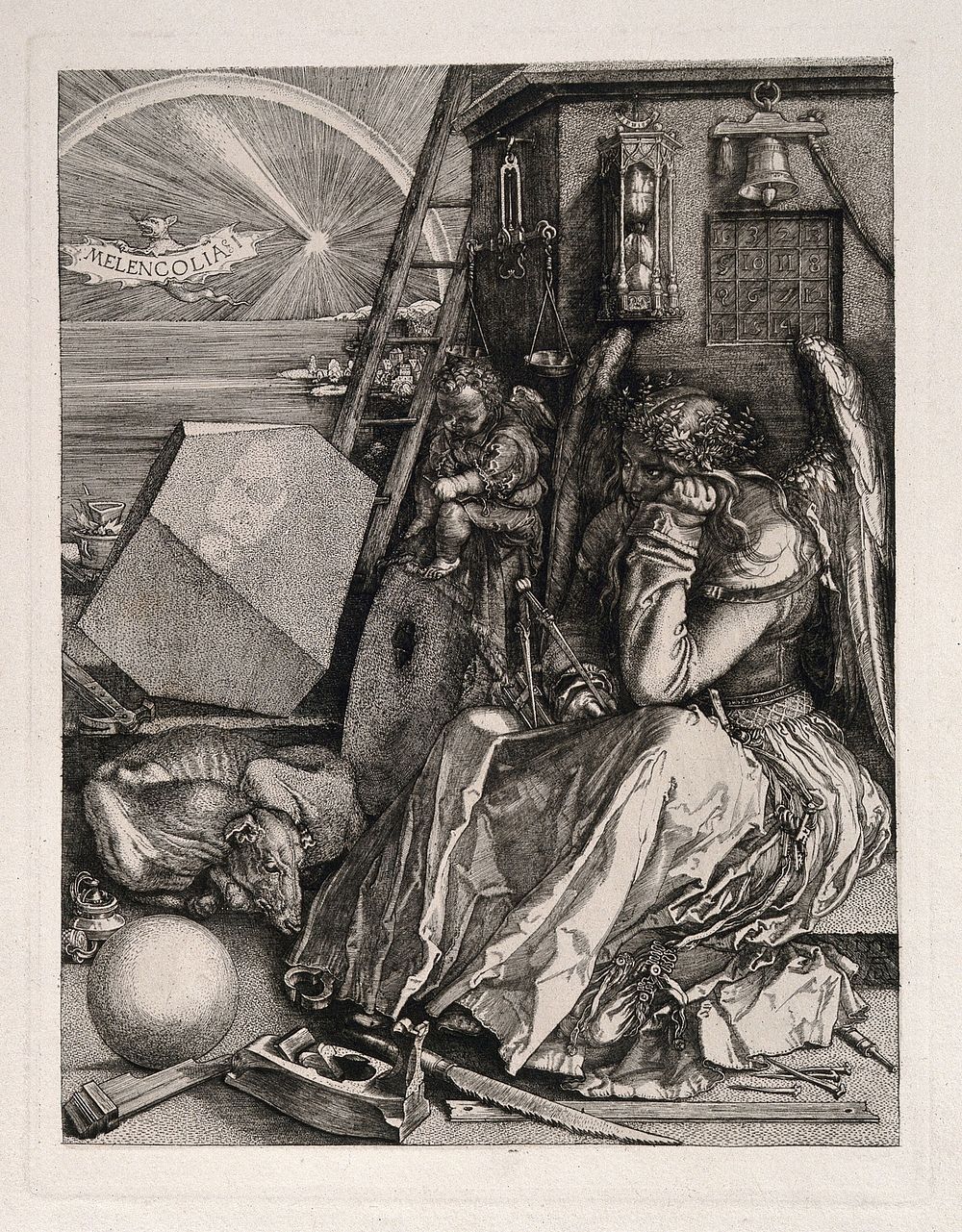 A despondent winged woman holding a geometrical instrument surrounded by attributes associated with knowledge; representing…