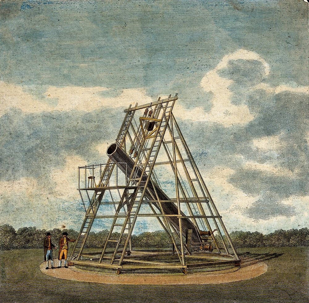 Astronomy: a 40-foot telescope constructed by William Herschel, in use outdoors. Coloured etching, 18--.