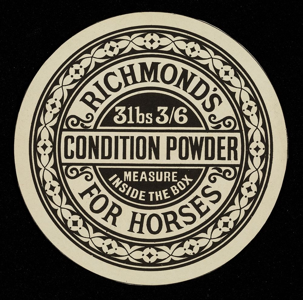 Richmond's condition powder for horses : 3lbs 3/6 : measure inside the box.