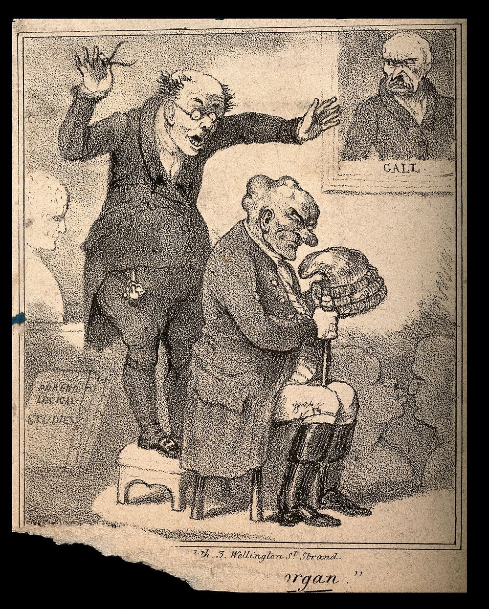 A phrenologist examining a man's characterful head. Lithograph.