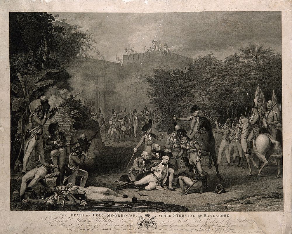 The death of Col. Moorhouse at Bangalore. Engraving by E. Stalker, 1811, after R. Home, 1791.