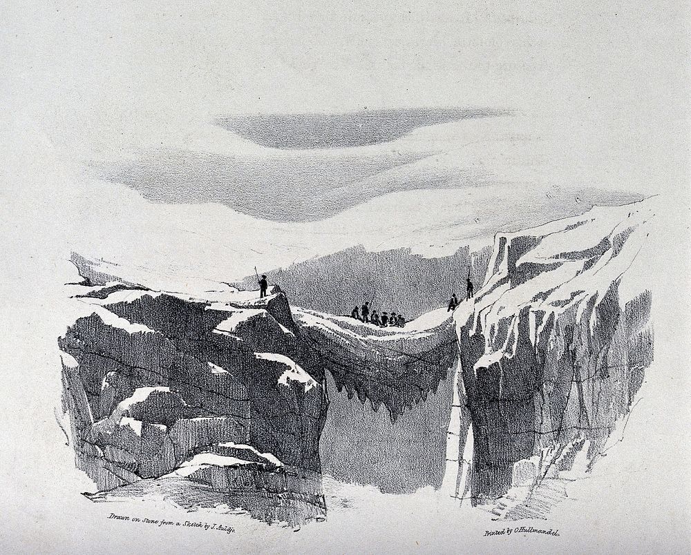 The ascent of Mont Blanc by John Auldjo's party in 1827: the party breakfasting on a bridge of snow between two cliffs.…