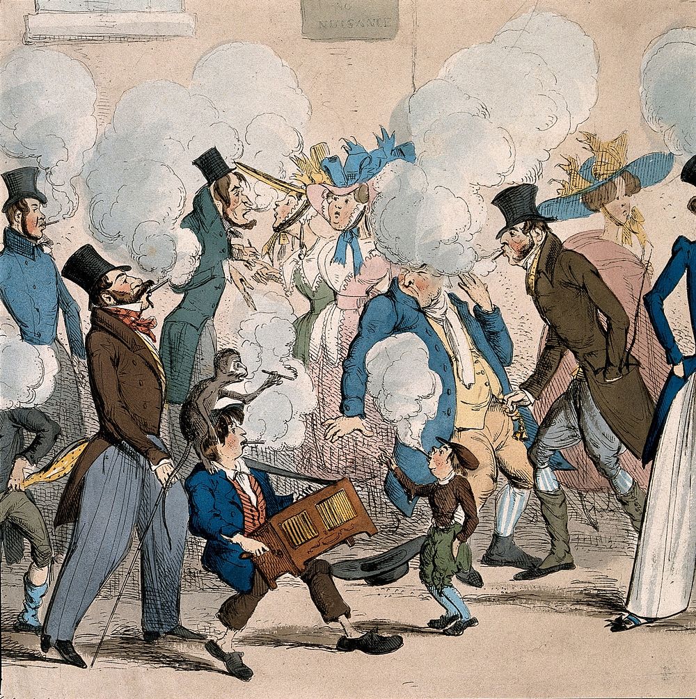 People causing a nuisance by smoking in the street. Coloured etching by H. Heath, 1827.