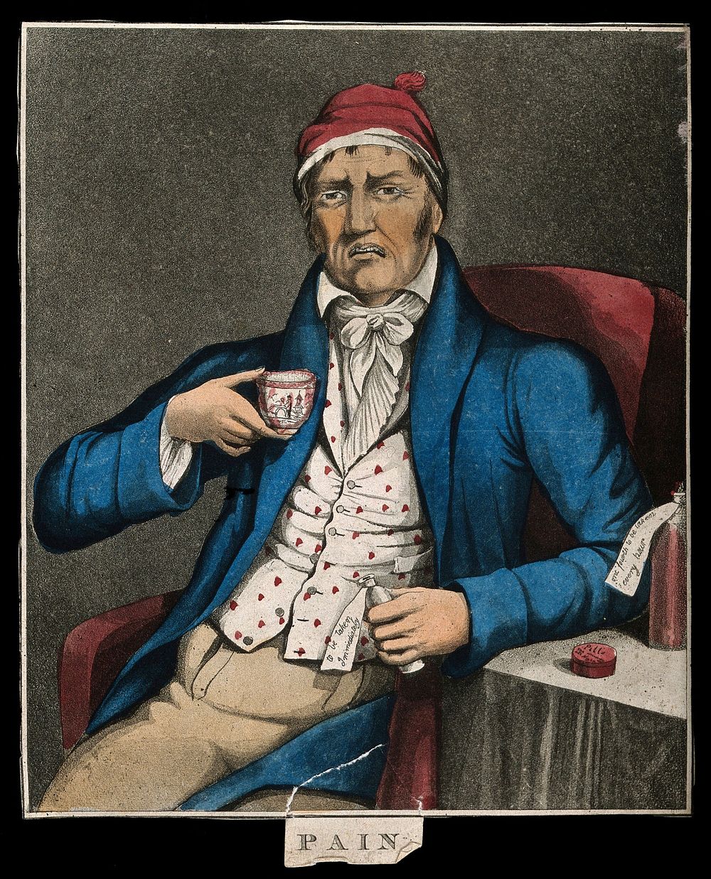 A man grimacing at some unpleasant tasting medicine he has been prescribed to take. Coloured aquatint.