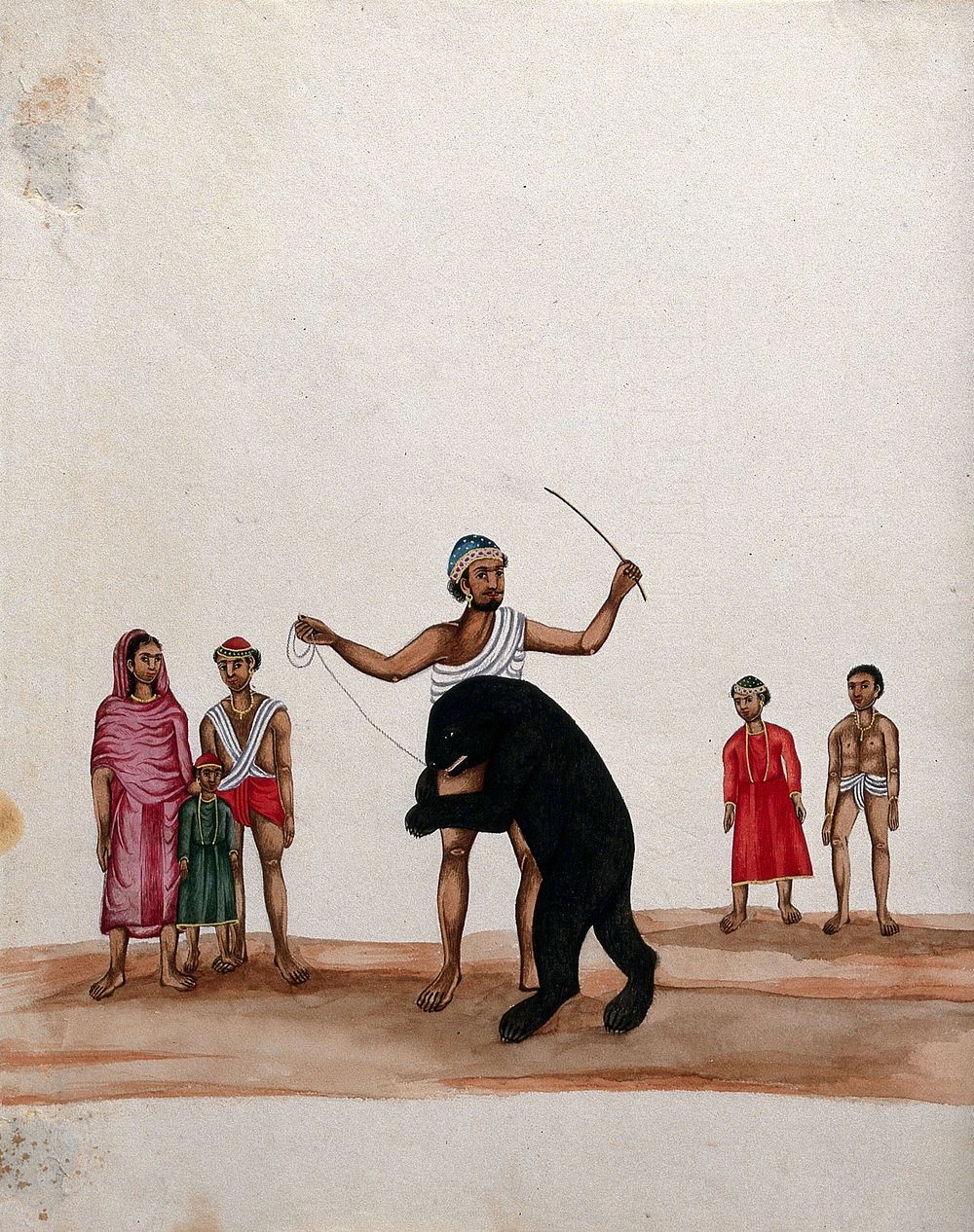 A man with his performing bear watched by a group of people. Watercolour by an Indian painter, 18--.