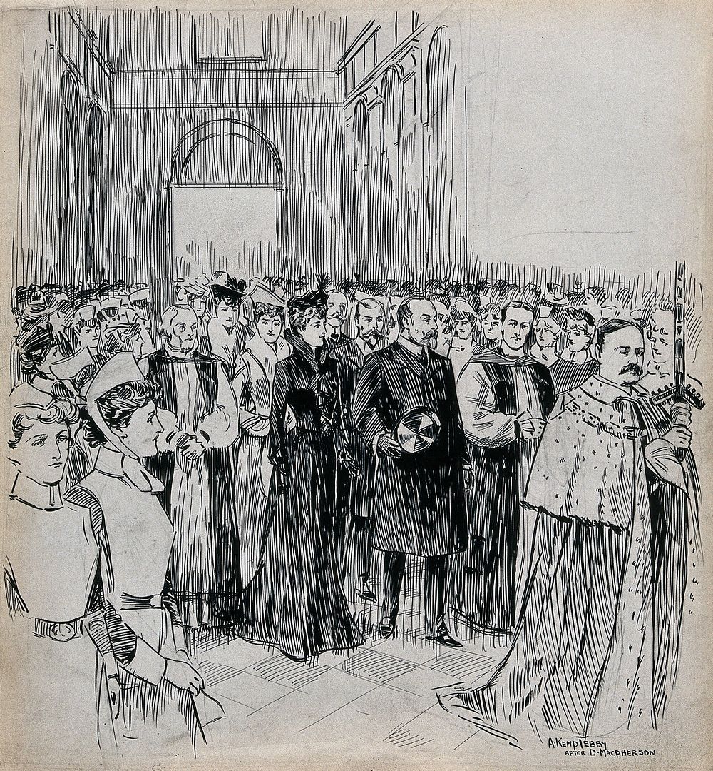 King Edward VII and Queen Alexandra passing though the lines of nurses in St. Paul's Cathedral in June 1903. Ink drawing by…