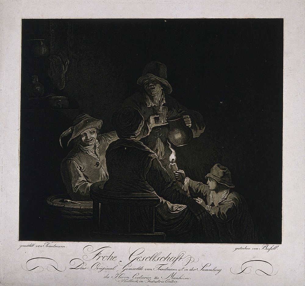 Three men drinking in the light of a flame held by a boy. Aquatint by A. Bissell, c. 1800, after J. Trautmann.