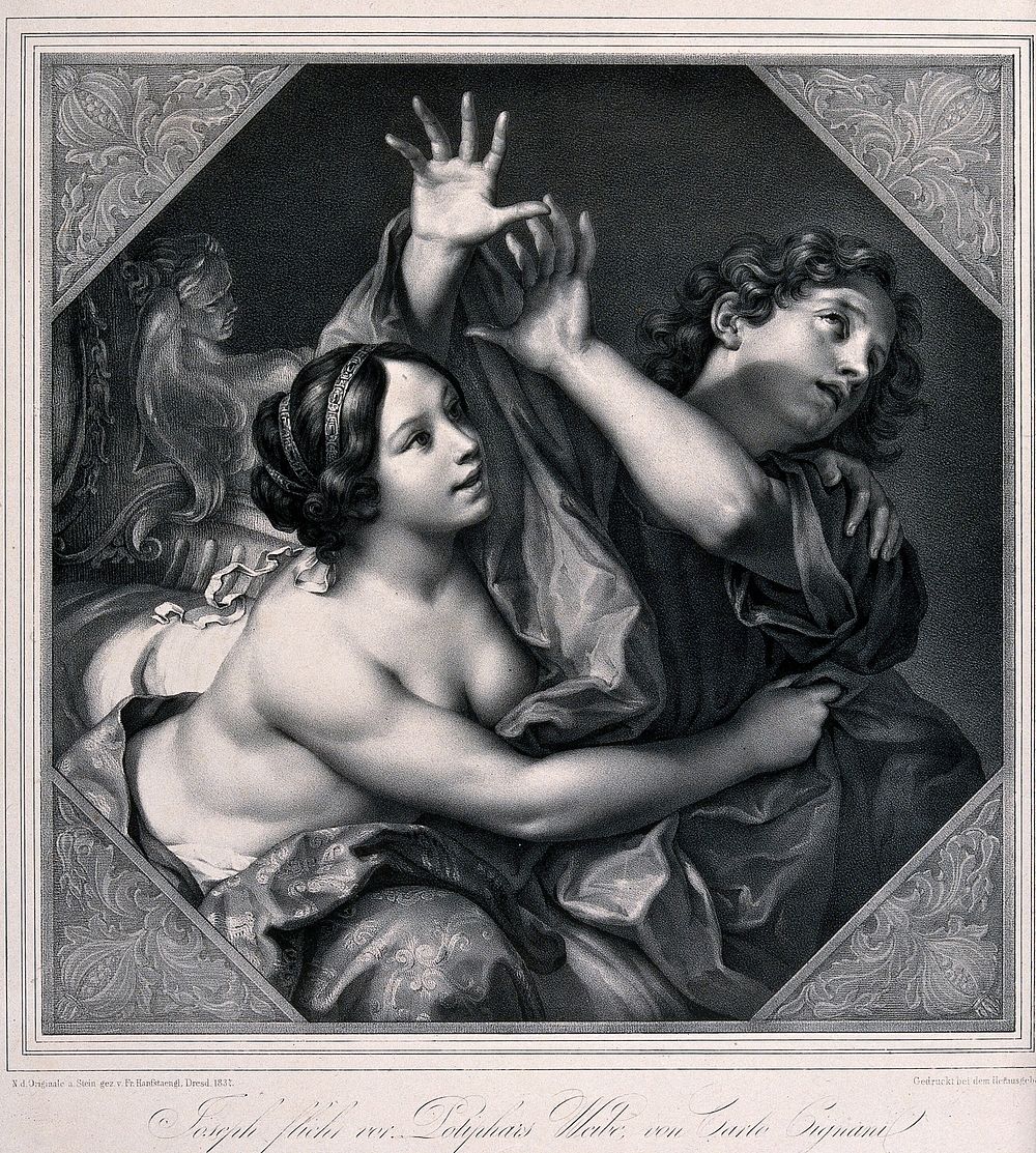Joseph flees from Potiphar's wife as she attempts to seduce him. Lithograph by Franz Hanfstaengl after Carlo Cignani.