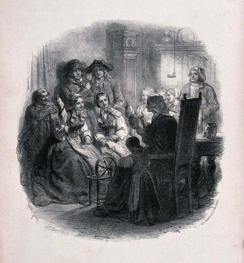 A group of people gathered around an old lady sitting by a spinning wheel holding a spool of yarn. Lithograph by Gustave…