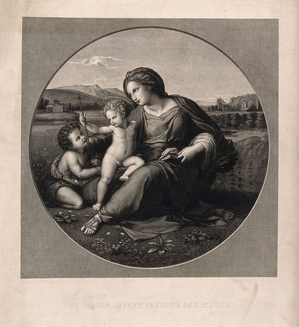 Saint Mary (the Blessed Virgin) with the Christ Child and Saint John the Baptist. Engraving after A.G.L. Desnoyers after…