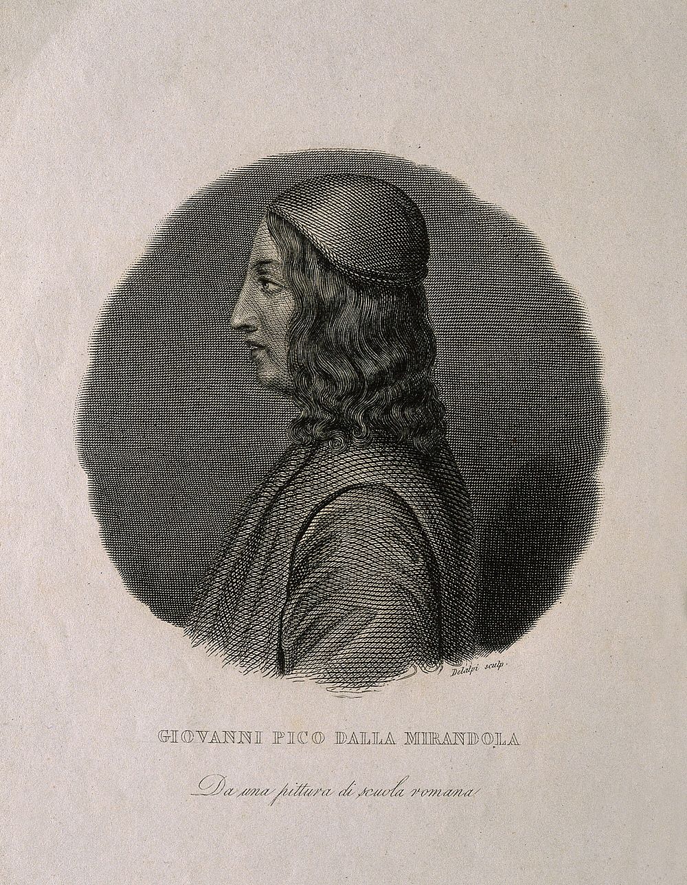 Giovanni Pico della Mirandola [Johannes Picus Mirandulanus]. Line engraving by Delalpi.