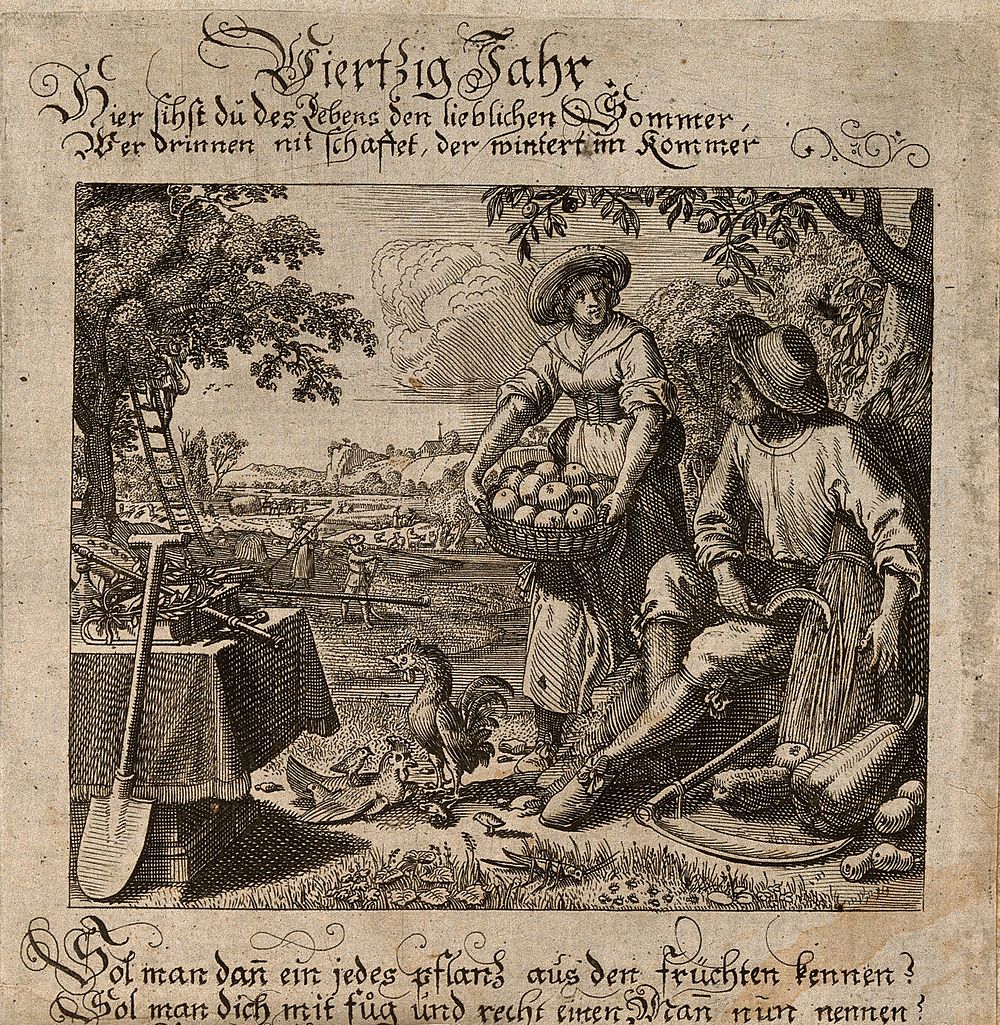 A couple bringing in the harvest; representing the fortieth year of life. Engraving by Conrad Meyer, 16--.