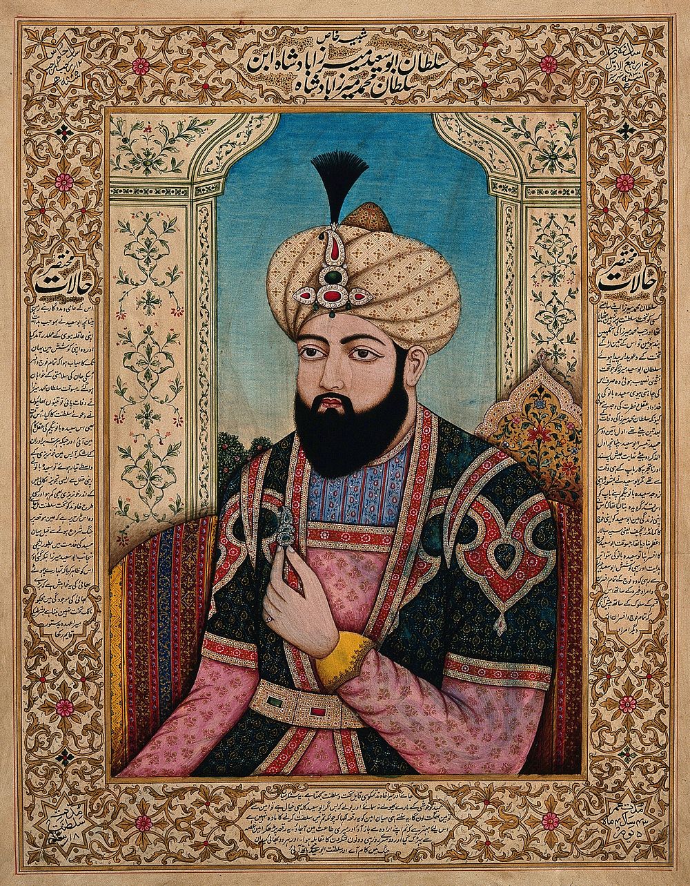 A member of the Mughal royal family holding a turban ornament. Gouache painting by an Indian painter.