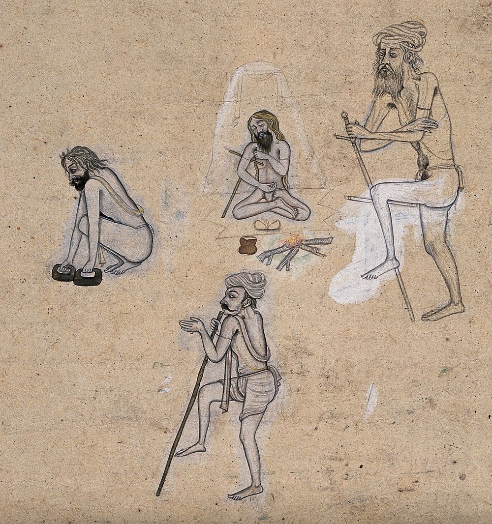 Four sadhus (Hindu ascetics) performing rituals and austerities. Drawing, ca. 1880 .