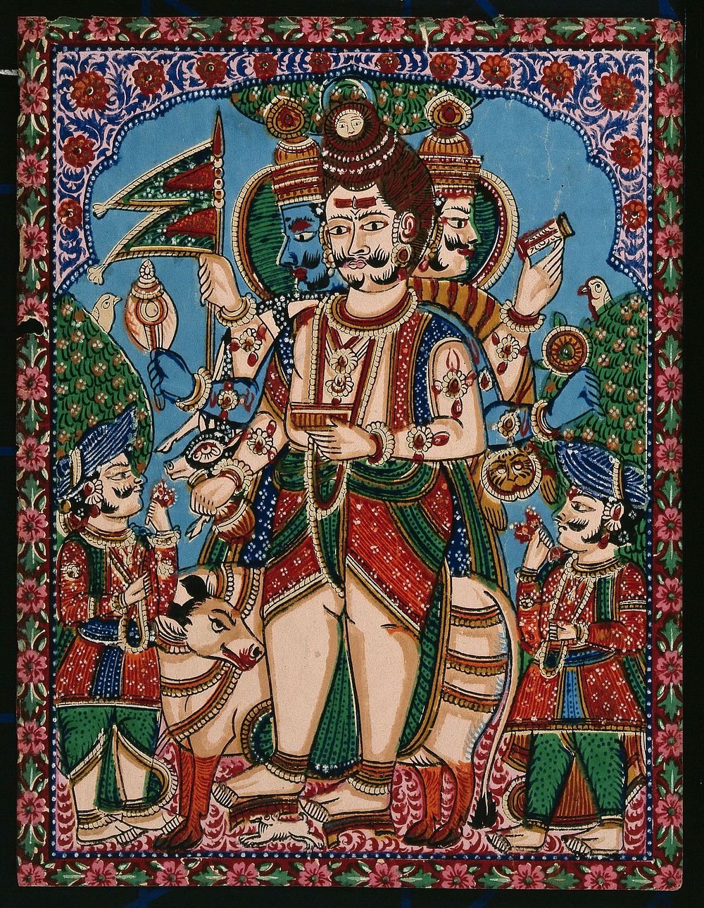 Trimurti; a three headed god with Shiva in the center, Vishnu on the left and Brahma on the right, standing before Nandi…