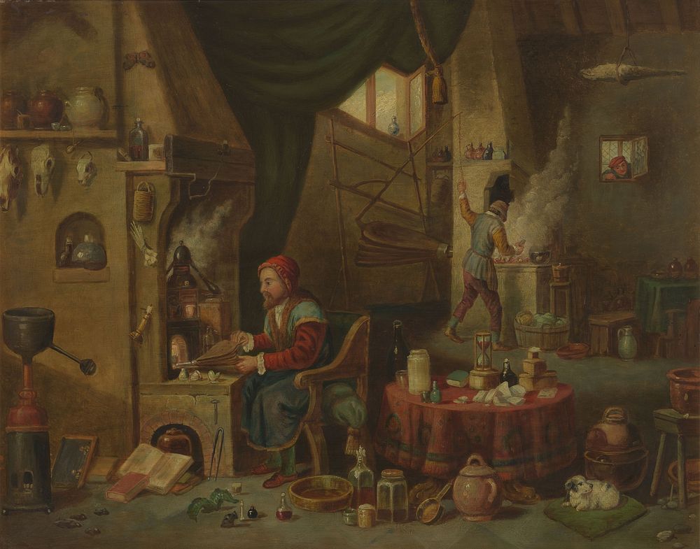 An alchemist in his laboratory. Oil painting by a follower of David Teniers the younger.