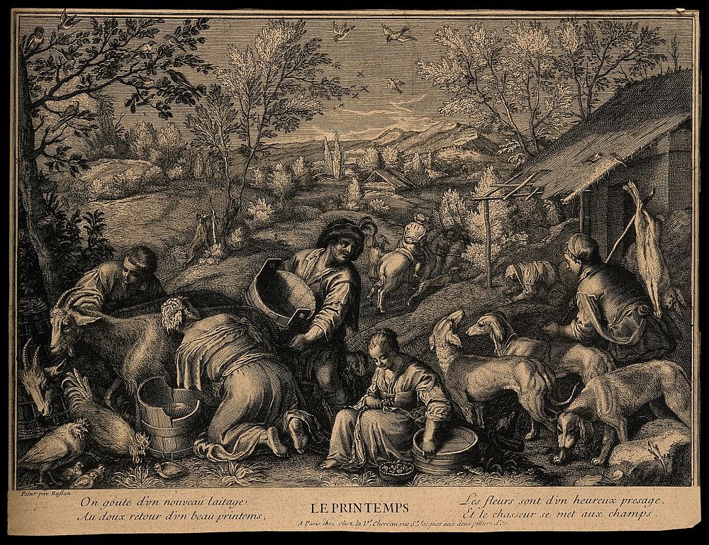 Goats being milked outside a farm and dogs setting off on a hunt; representing spring. Etching, 17--, after F.G. Bassano the…