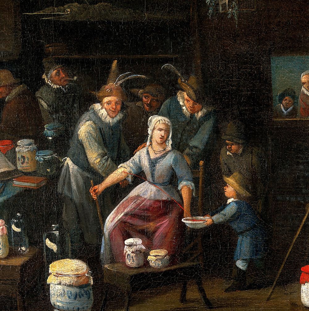 Operators letting blood from the arm of a woman in a room crowded with pharmacy jars. Oil painting by Egbert van Heemskerck.