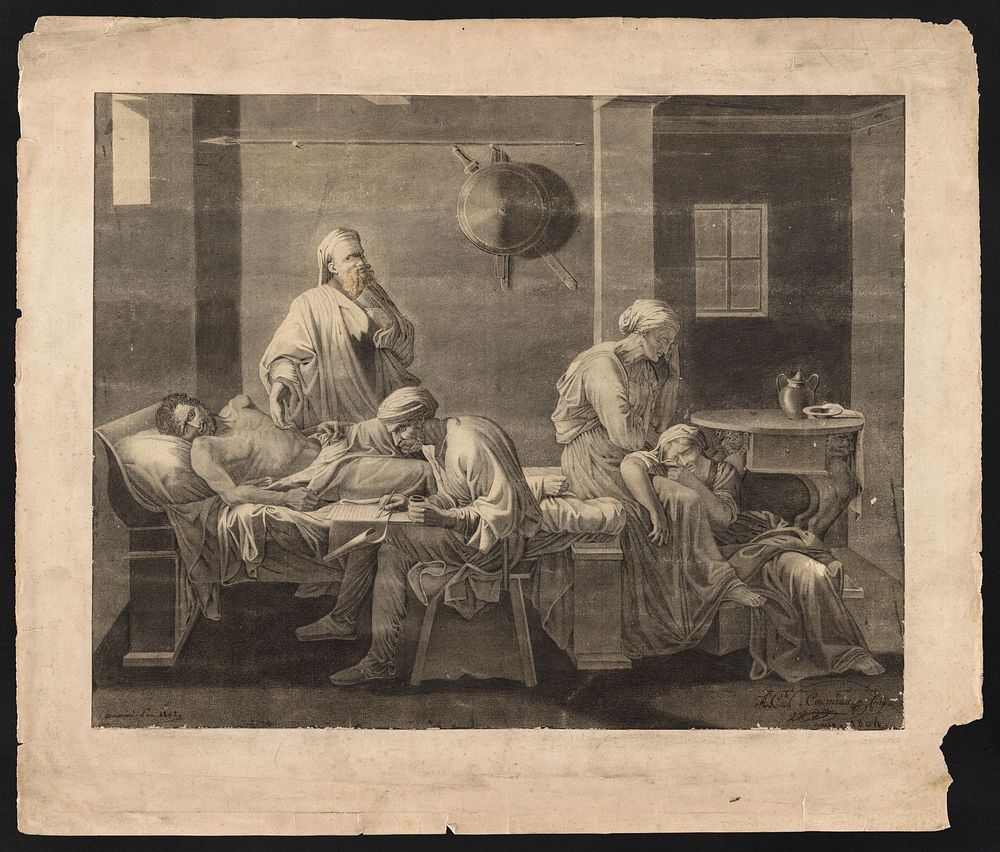 Eudamidas dictating his will on his deathbed, leaving the care of his mother and daughter to two friends. Drawing by A.-Ch.…