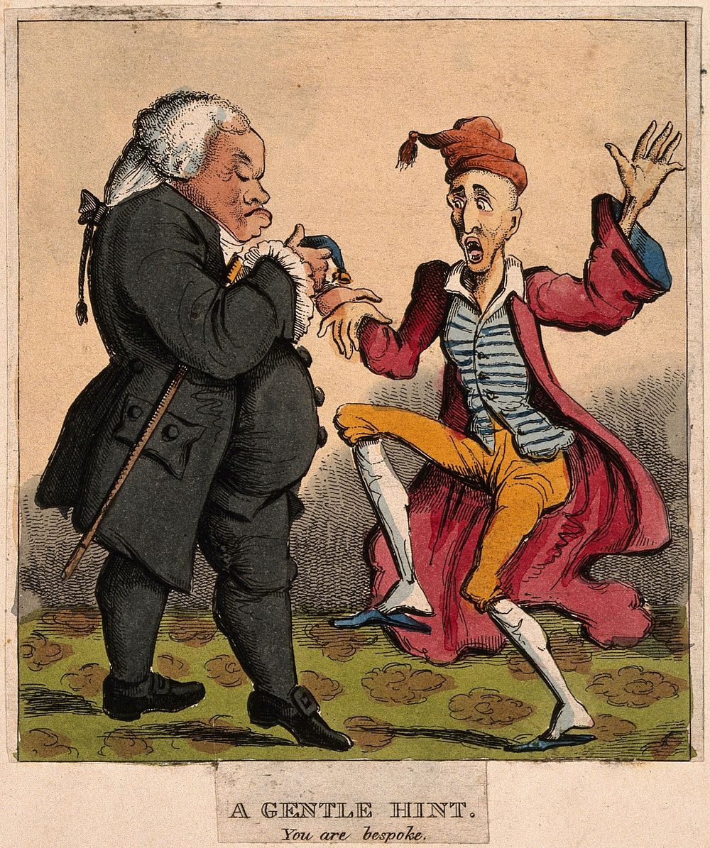 A grumpy physician taking the pulse of an alarmed man. Coloured etching.