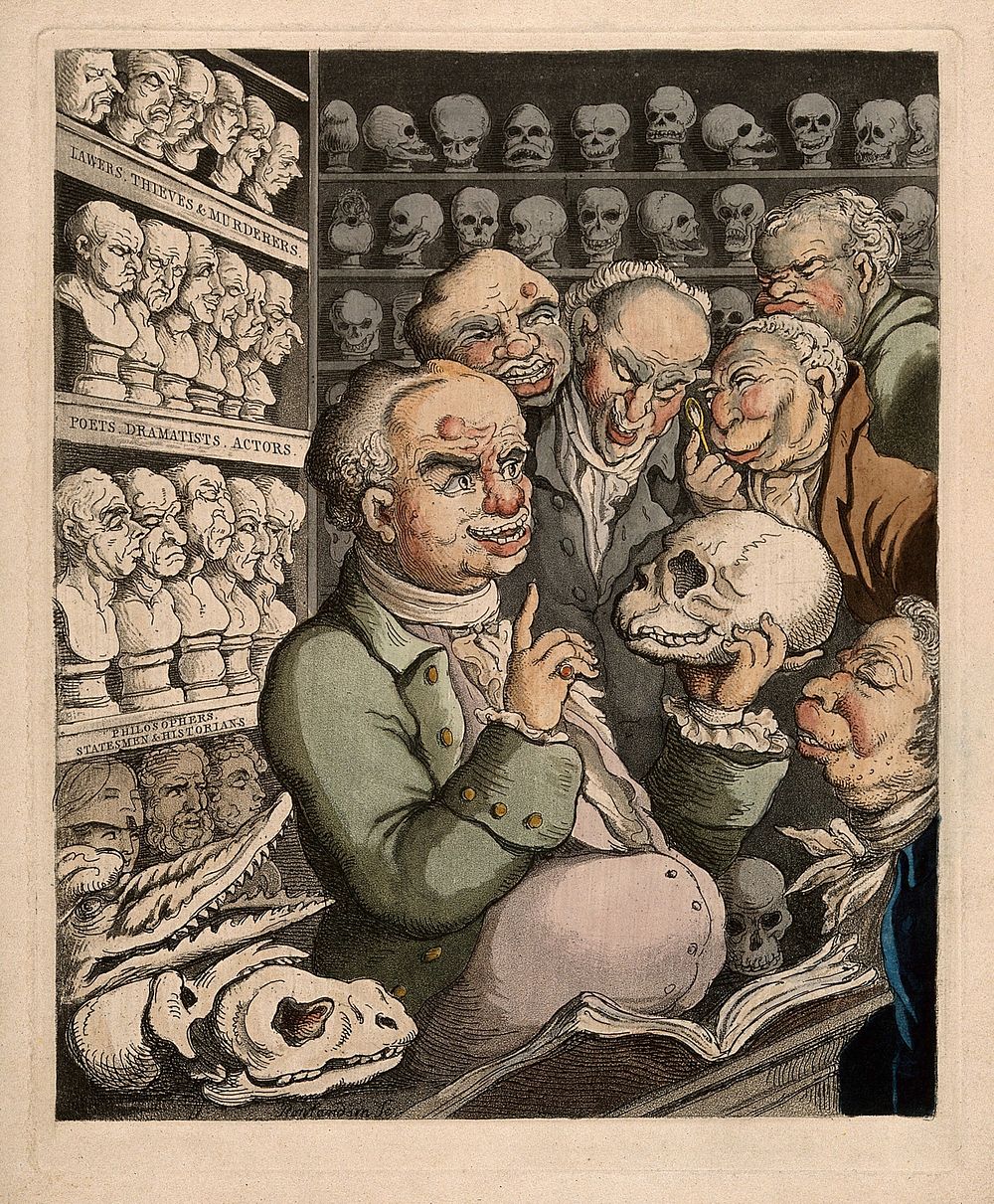 Franz Joseph Gall leading a discussion on phrenology with five colleagues, among his extensive collection of skulls and…