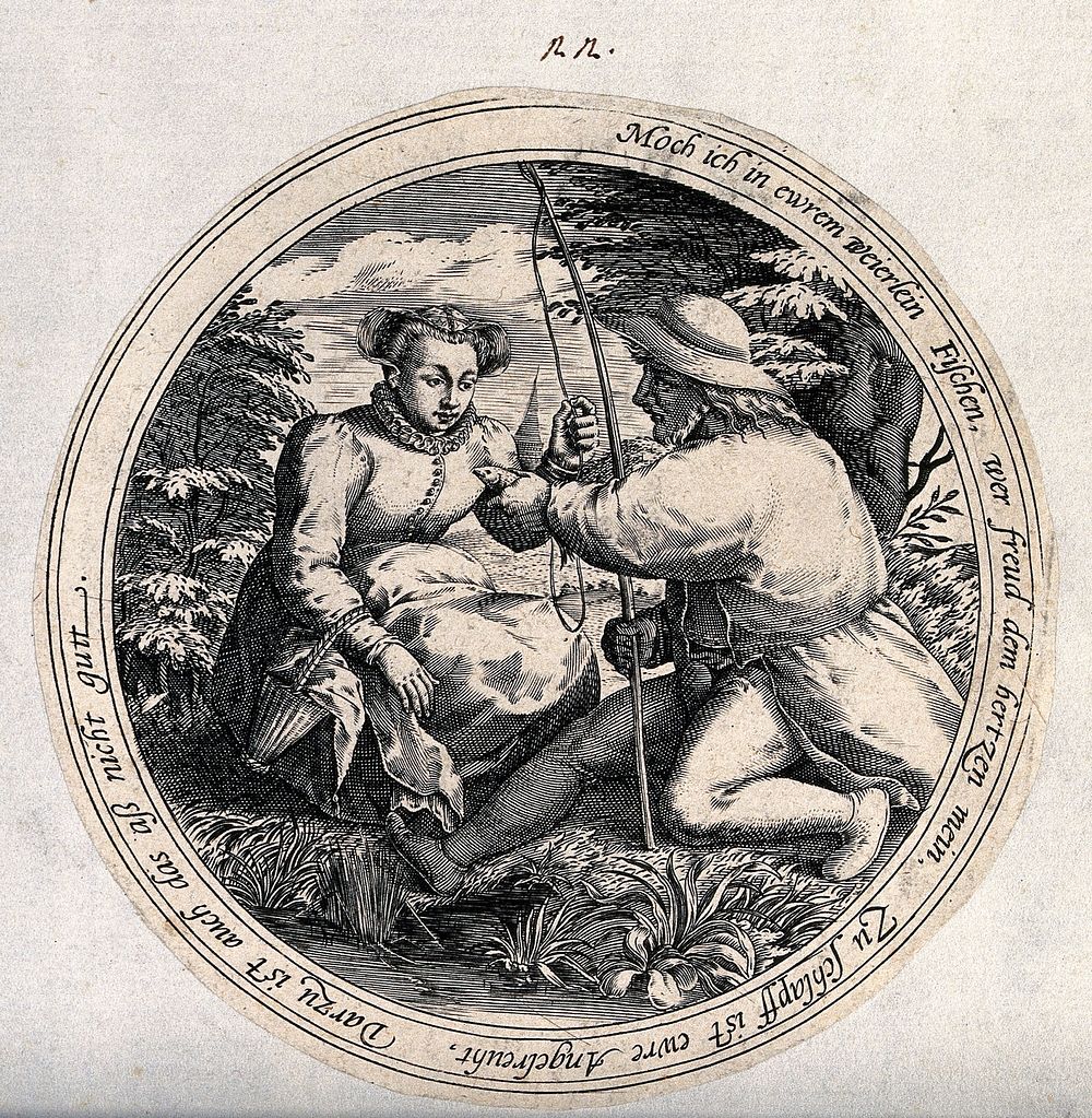 A fisherman on a river bank offers a fish to a young woman and asks her for a favour. Engraving after M. van Cleve.