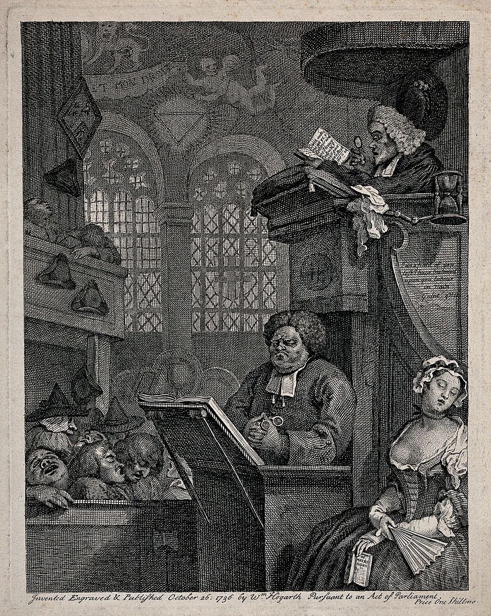 A sleepy congregation in a country church with one clergyman reading the serman with the aid of a magnifying glass and the…