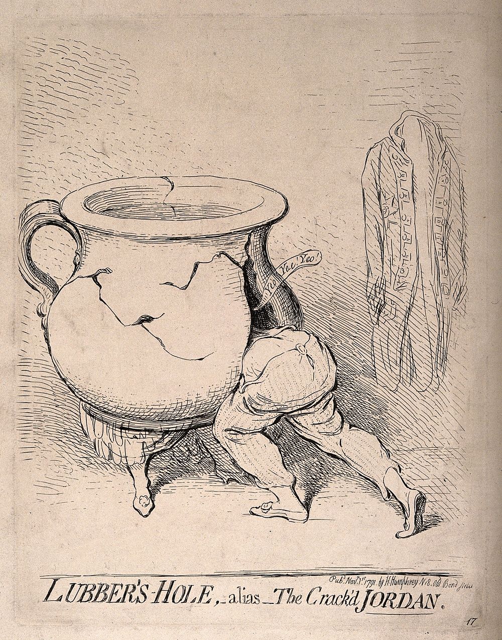 A man disappearing into a cracked chamber pot which has the legs of woman; implying the illicit relationship between the…